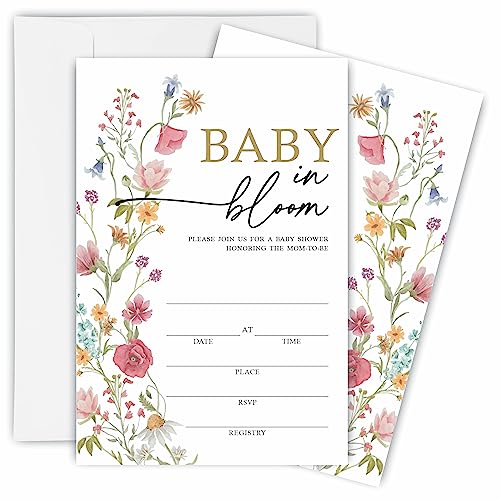 TPYEN Floral Baby Shower Invitations, Boho Wild Flower Baby Shower Fill-In Invitation Cards With...
