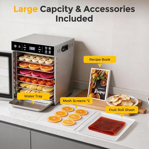 Image of Suteck 400W Food Dehydrator with 10 Trays for Jerky, Fruit, Veg, Meat | Stainless Steel, 4 Presets, Strong Dual Fans & 360 Airflow, 85F-195F, 48H Timer, Built-in Light, Quiet