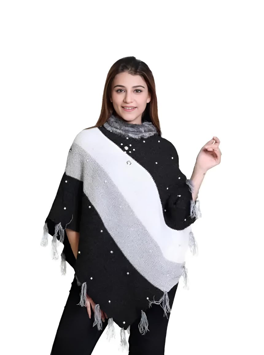 Women Woolen Poncho Striped design with buttons and beads on the front, beautiful tassels on the bottom-picture-45