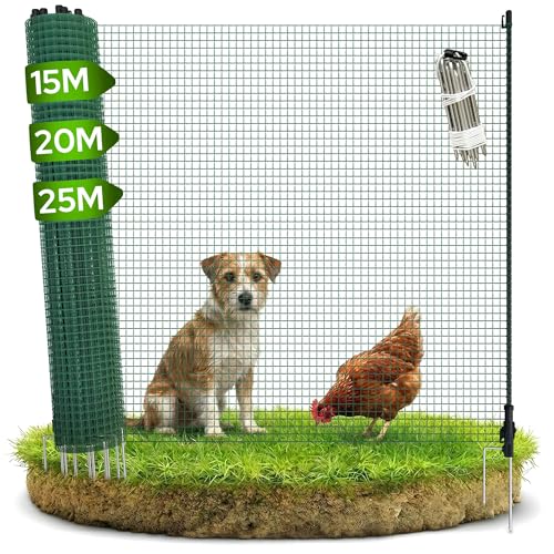 Arebos Mobiler Begrenzungszaun 15 m | Flexibler Gartenzaun 90 cm hoch | Absperrnetz mit 9 Pfosten | für Hunde Hühner & Kleintiere | Wetterfest & mobil
