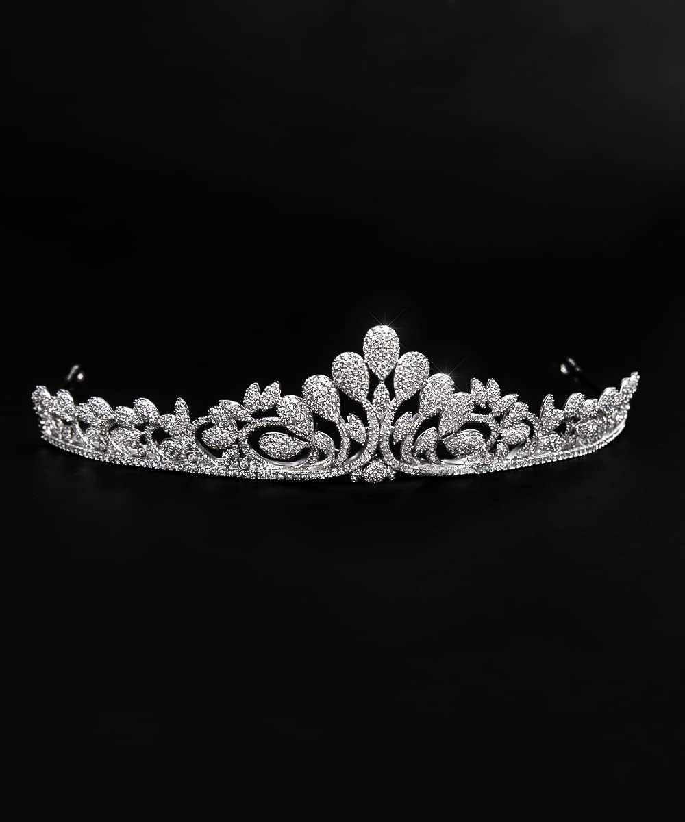Cubic Zirconia Pageant Tiara Headband Dainty White Gold Plated Brass Wedding Tiara for Women Gift