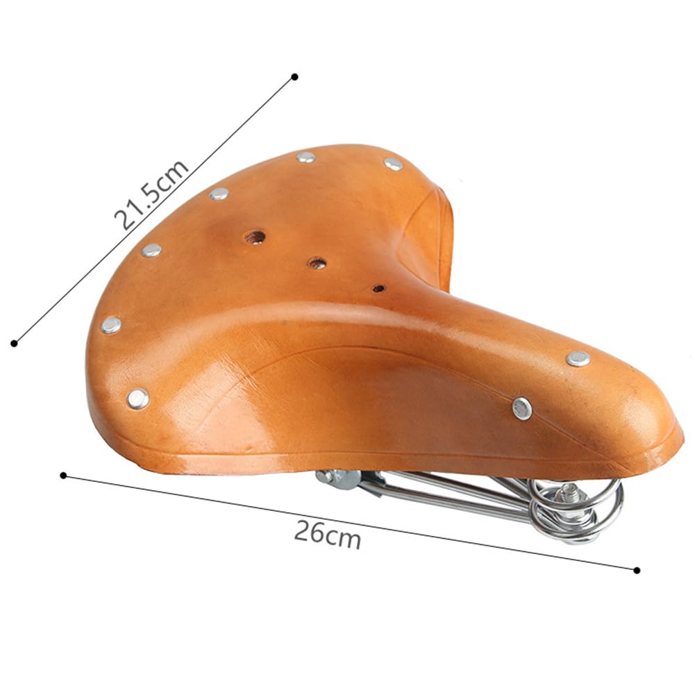 Vintage Leder Fahrradsattel mit Dreifachfeder-Stoßdämpfung, ergonomisches Rindsleder-Fahrradsitzkissen für Rennradfahren, Retro-Braun, 26 x 21,5 cm