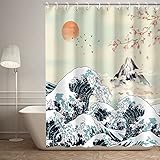 RosieLily Japanese Shower Curtain, Wave Shower Curtain Cool Shower Curtain Art Shower Curtain Hooks, Anime Mountain Sunset Shower Curtains for Bathroom, Asian Bathroom Decor for Mens, 72Wx72H Inch