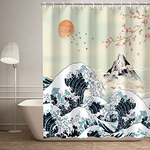 RosieLily Japanese Wave Shower Curtain Cool Art Hooks Anime Mountain Sunset for Bathroom Asian Decor for Mens 72Wx72H Inch