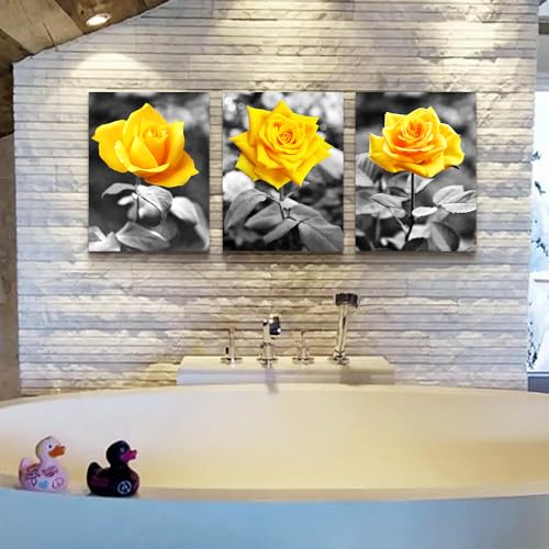 DZRWUBHS Canvas Wall Decoration For Living Room Framed Wall Art For Bedroom Black And White Prints Pictures Yellow Rose Flowers Paintings Artworks Modern Bathroom Kitchen office Walls Decor 3 Piece
