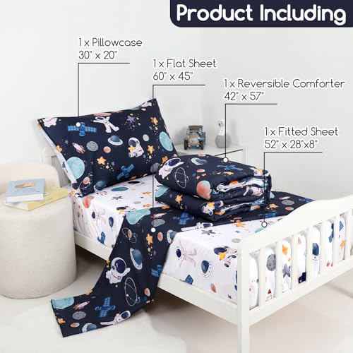 Image of 4 Piece Toddler Bedding Set, Ultra Soft and Breathable Cartoon Space Toddler Comforter Sets for Boys Includes Quilted Comforter, Fitted Sheet, Flat Sheet and Pillowcase