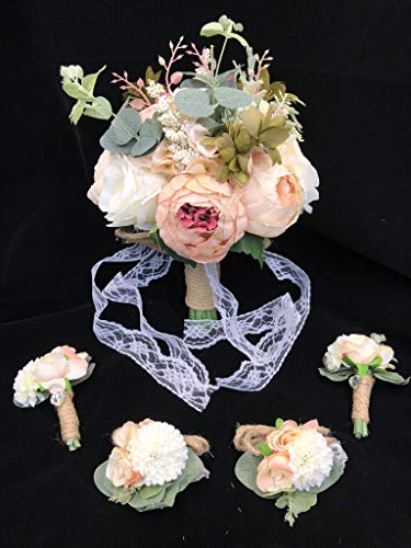 Abbie Home 5pcs Wedding Bouquet Kit - Artificial Roses Peony Lily Bridal Flowers Wrist Corsage Boutonnier Set - Thumbnail 4