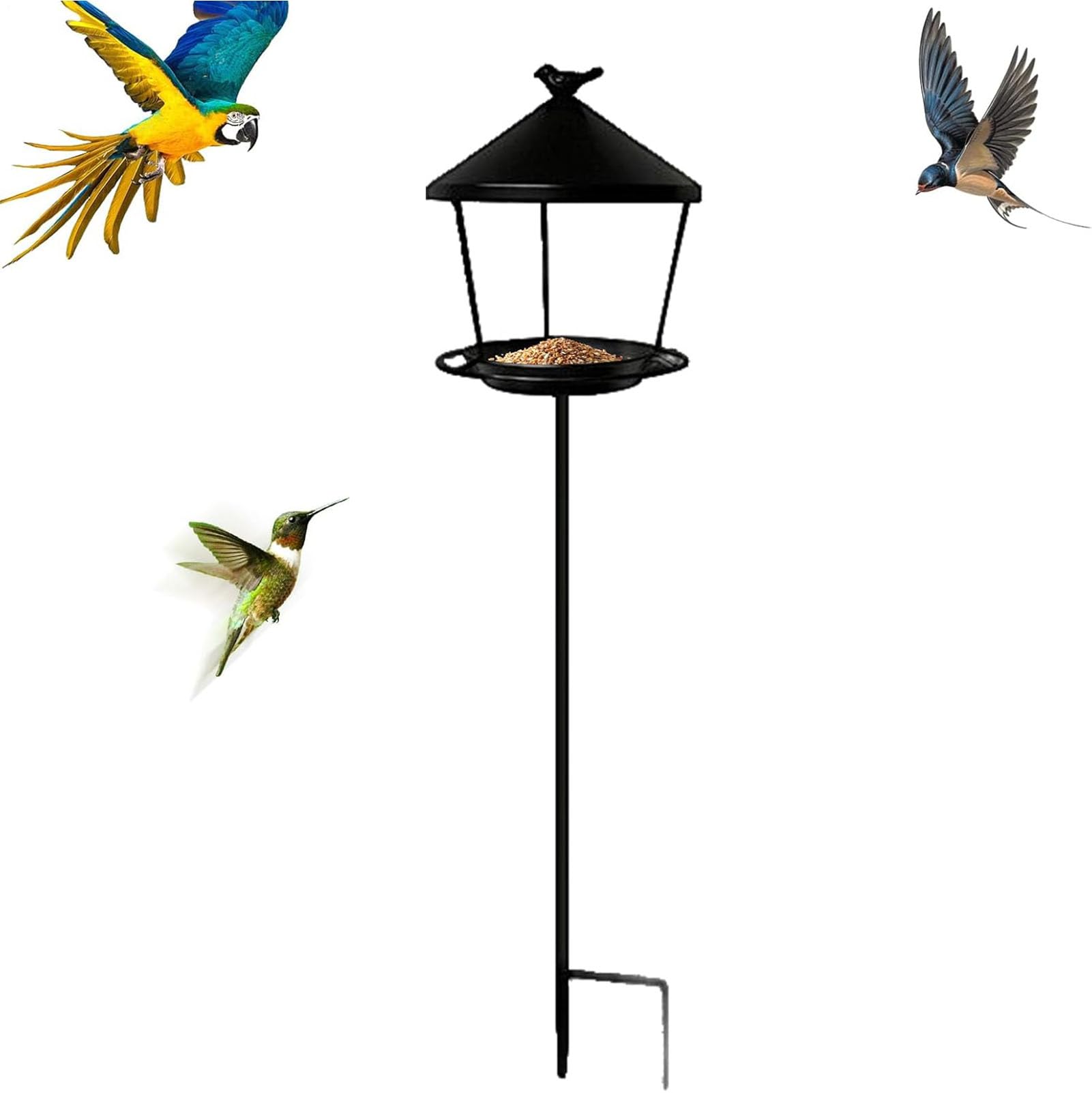 Comedero para pájaros con Soporte y Anillo de Hierro para Clavar en el Suelo, comedero Anti-Desperdicio para Aves Silvestres, comedero Colgante de Hierro Forjado,Negro,100 x 25 x 20 cm