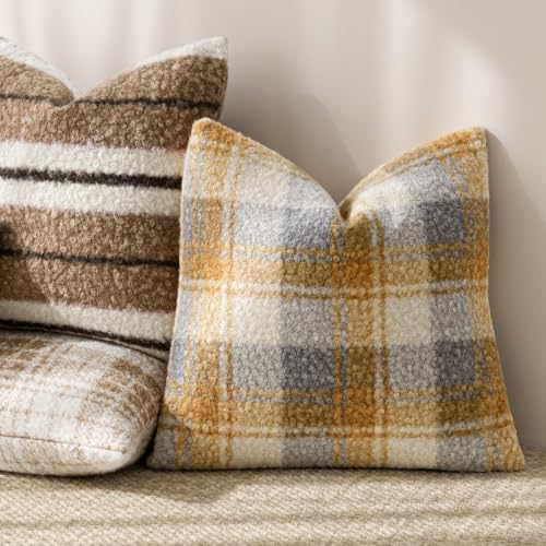 Image of Foindtower Pack of 2 Soft Faux Fur Boucle Throw Decorative Pillow Covers Fuzzy Accent Striped Cushion Sherpa Boho Farmhouse Pillowcase for Couch Sofa Bed Living Room Home Decor 18x18 Inch,Cocoa Brown