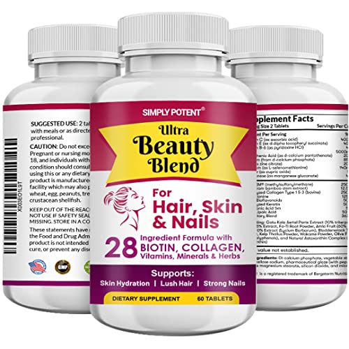 Simply Potent Hair Skin And Nails Vitamins, 28 Ingredient Anti-Aging Natural Supplement, Biotin 5000Mcg For Hair & Nails, Keratin & Msm For Hair Growth, Collagen & Hyaluronic Acid For Skin, 60 Tablets #TOP22