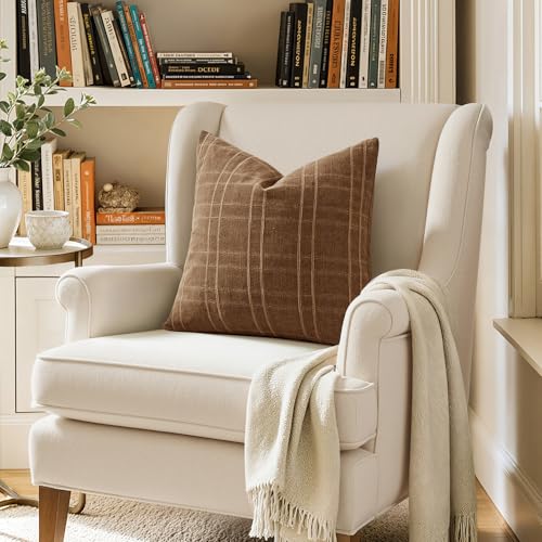 Image of MIULEE Decorative Linen Check Euro Shams Throw Pillow Covers Neutral Farmhouse Vintage Pillow Covers 24x24 Set of 2 Boho Modern Winter Home Decor for Sofa Couch Bedroom Cushion Camel Brown
