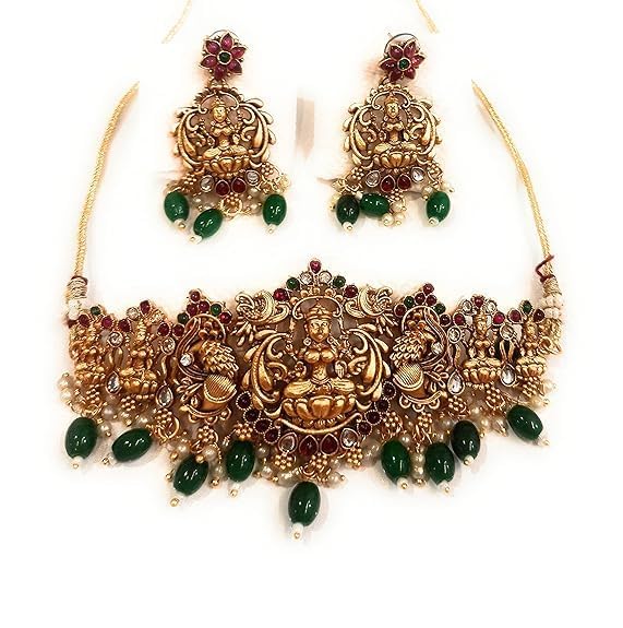 Buy ORBIS matte gold plated pearl and ruby studded artificial temple