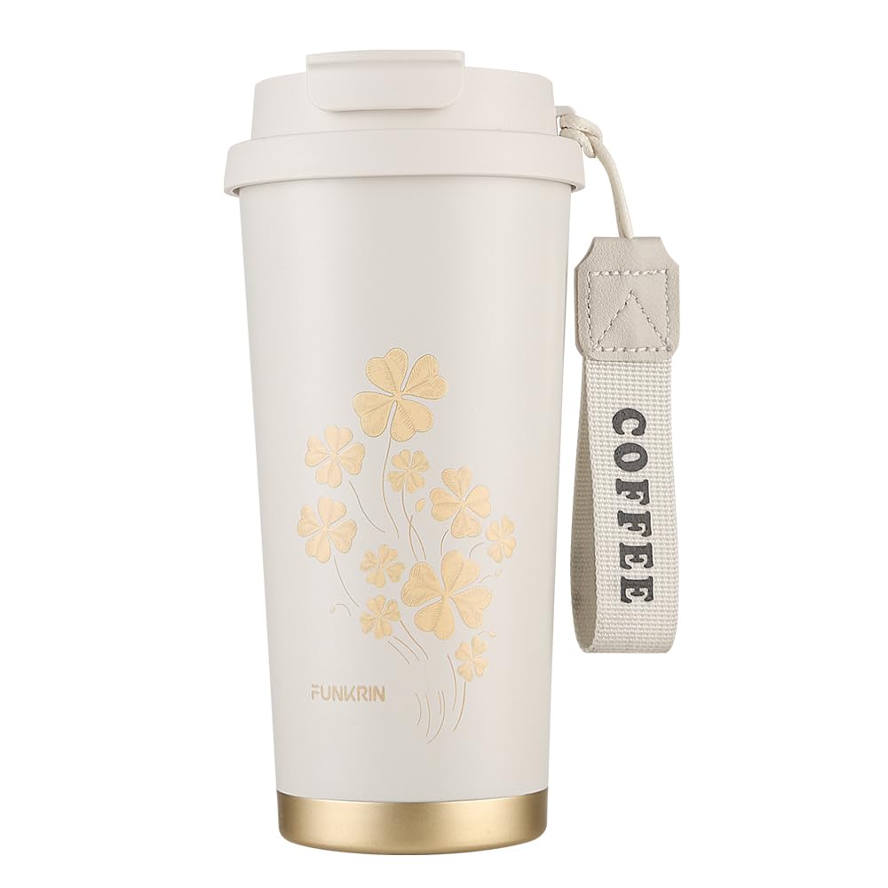 funkrin coffee travel mug with straw amp flip lid 16oz insulated tumbler cup with ceramic coating double wall vacuum leak-proof mug for office school party camping