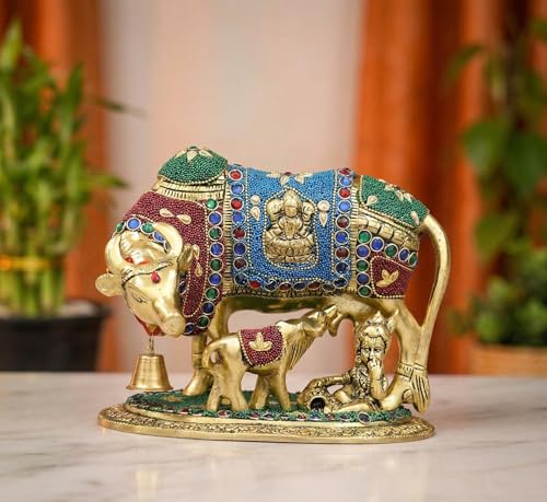 Image of KridayKraft Gold Plated Kamdhenu Cow with Calf Metal Statue for Good Luck Feng Shui & Vastu Showpiece As Table Top Religious Idol Gau MATA, 20 cm, 13 cm