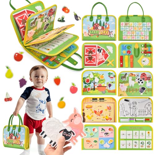 Image of Silouka Toddler Busy Board Montessori Toys, Sensory Board Busy Book for Toddlers 1-3 Birthday Gifts - Preschool Learning Life Skills, Farm Green, 8 Pages