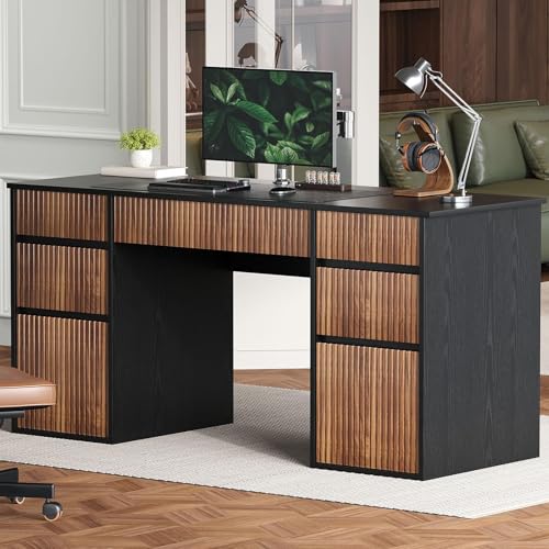 4 EVER WINNER Black Desk with Drawers, 58' Executive Office Desk with 7 Drawers and Hidden Handle, Computer Desk with File Cabinets for Living Room Study Table for Bedroom, Black