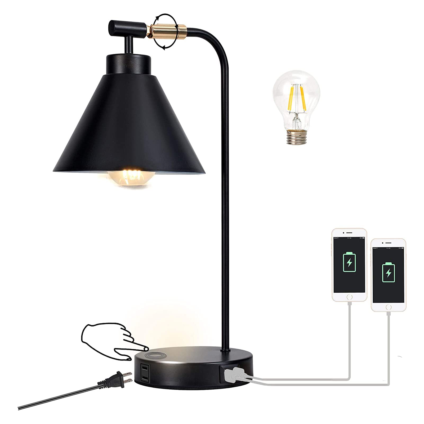 U-HOOME3 Way Dimmable Desk Lamp with 2 USB Charging Ports AC Outlet, Touch Control Bedside Nightstand Reading Lamp Flexible Head, Black Metal Table Lamp for Bedroom Office Living Room, Bulb Included