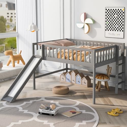SOFTSEA Full Size Loft Bed with Slide and Ladder, Kids Wooden Full Loft Bed Frame, No Box Spring Needed, Space-Saving, Gray