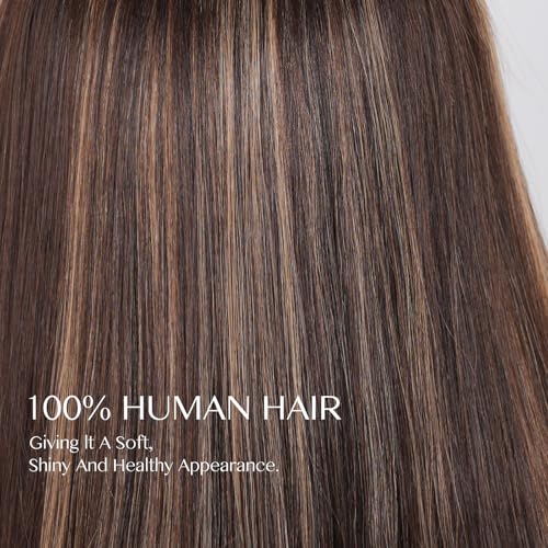 Image of 6x4 Lace Ombre Brown Mixed Blonde Bob Real Human Hair Wig with Bangs for White Women Straight Layered Lace Front Closure Curtain Bangs 2 /27 Wear and Go Glueless 100% Human Hair Wigs 16 Inch
