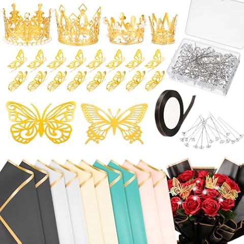 XLSXEXCL 163 Pcs Flower Bouquet Accessories, Included Flower Wrapping Paper Diamond Head Straight Pins Mini Crown Cake Toppers Butterfly Wall Decor Ribbon for Birthday Wedding Party Decoration Cover
