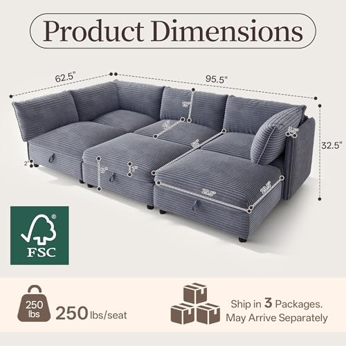 Image of Oversized Corduroy Modular Sectional Sofa Bed with Hidden Storage, Convertible L U Sleeper Couch, 6-Seat Modular Sofa Free Combination with Ottoman & Removable Covers for Living Room, Gray