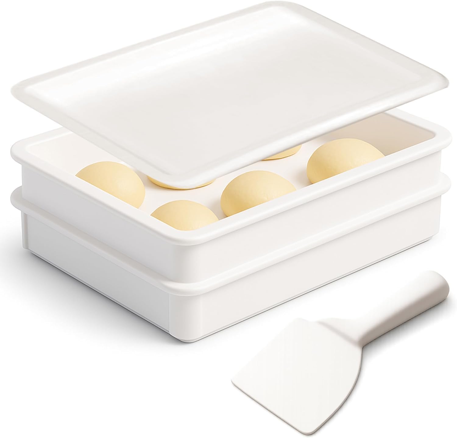 DoughMate® Artisan Kit – 2 Pizza Dough Proofing Trays, 1 Lid, and Dough Scraper – Food Contact Certified, Stackable, Made in USA