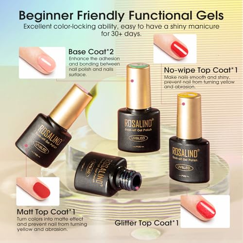 Image of ROSALIND 65PCS Gel Nail Polish Set, 60 Colors Glitter Red Gel Polish with 5 Bottles of Base and Glossy Matte Top Coat Soak off Nail Set Suitable for All Seasons
