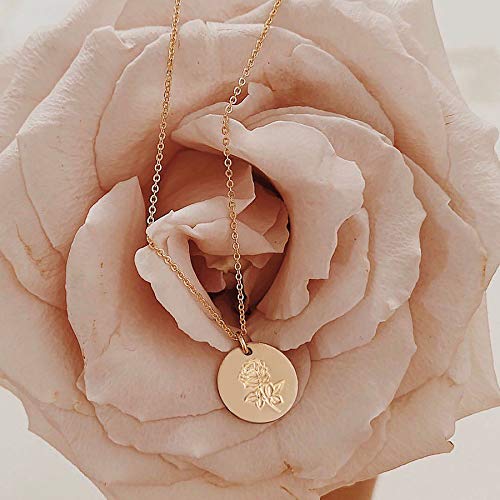 Dremmy Studios Birth Month Flower Pendant Necklace 18K Gold Plated Dainty Simple Month Birth Floral Disc Pendant Engrave Coin Necklace Minimalist Delicate Custom For Mom Daughter Gift For Her #TOP4