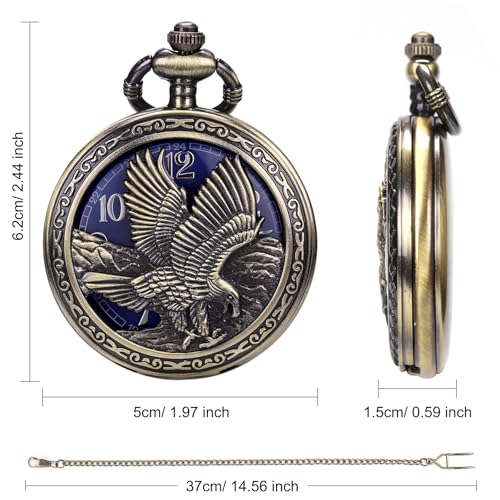 Image of SIBOSUN Eagle Design Pocket Watch with Chain Oversized 50MM 1.96 Inch Quartz Movement Arabic Numerals Half Hunter Cover Analog