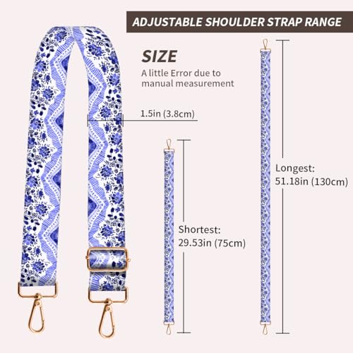 Image of Purse Strap Replacement Crossbody, 3.8cm Wide Shoulder Strap Adjustable Replacement Belt Gold Buckle, Handbag Crossbody Bag Strap Luxury Blue Boho Pattern