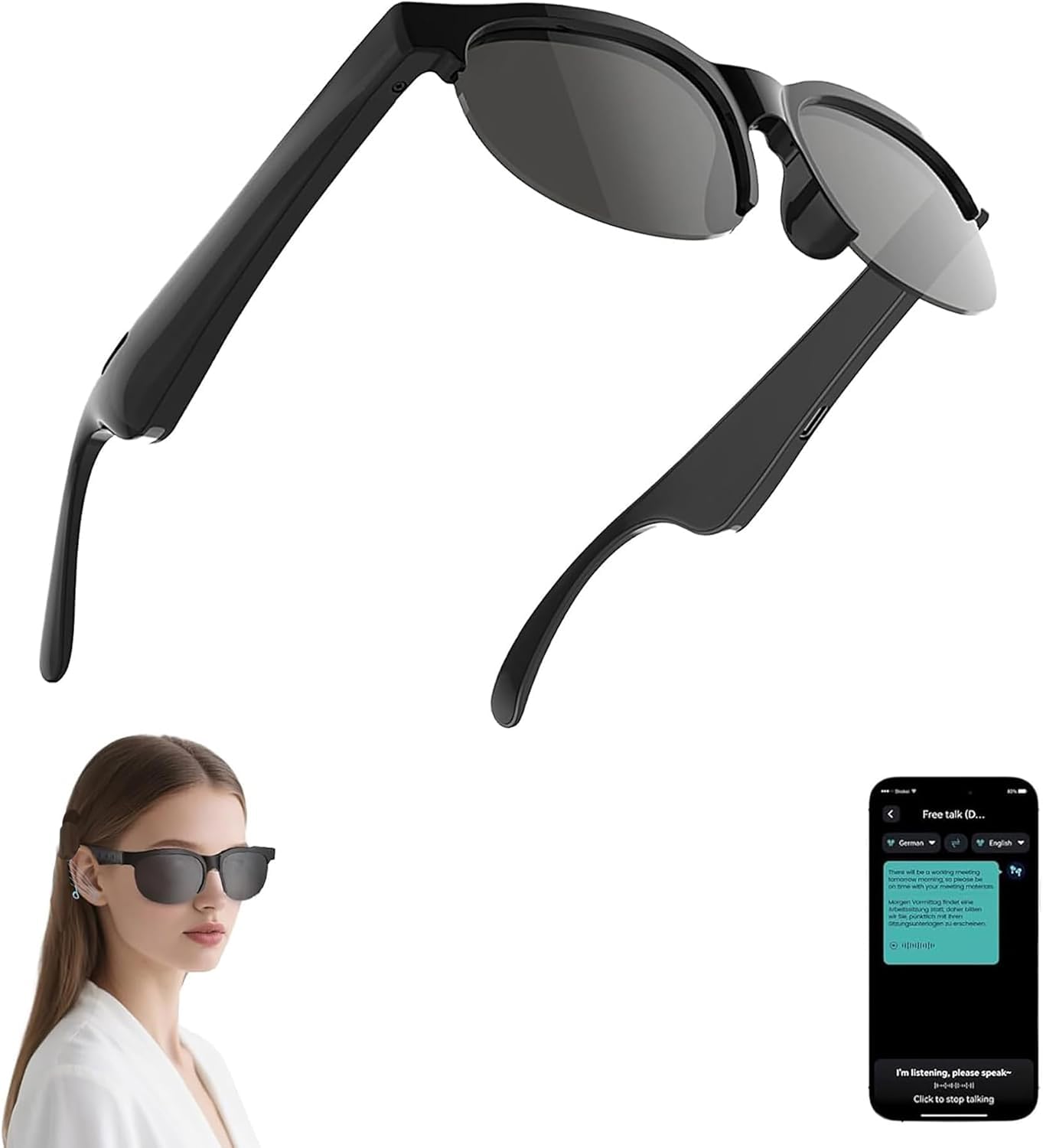 AI Translator Smart Glasses with Bluetooth Audio Photochromic Lenses Voice Assistant Open-Ear Sunglasses for Men and Women Real-Time