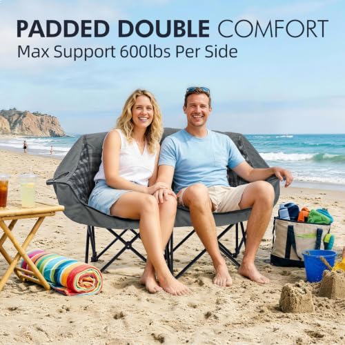 Image of Double Camping Chair Loveseat -2 Person Oversized Padded Outdoor Camp Couch