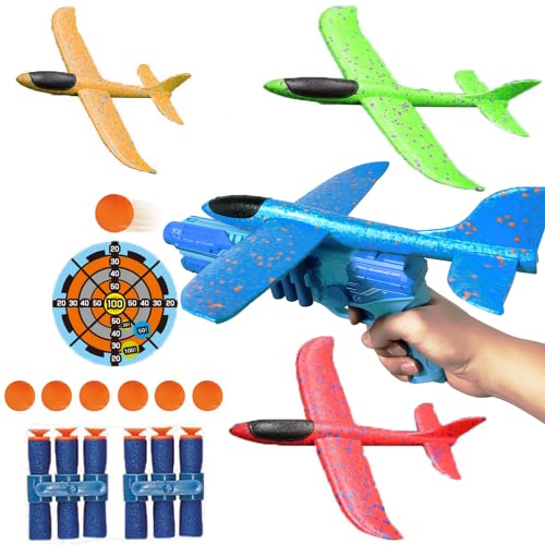 5 Pack Airplane Toys with Large Launcher and 4 Airplane, 5 in 1 Foam Glider Catapult Plane Soft Bullets Toy Set, 2 Flight Modes Glider, Indoor & Outdoor Flying Games Toys Gifts for Kids