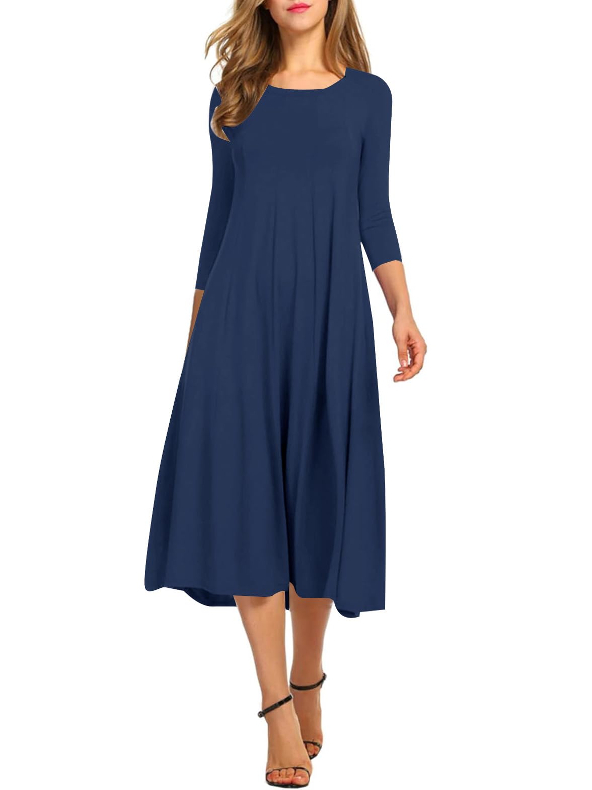 Photo 1 of BROWN *** SEE PHOTOS Rooscier Women's Round Neck 3/4 Sleeve A Line Swing Flowy Midi Dress XLARGE