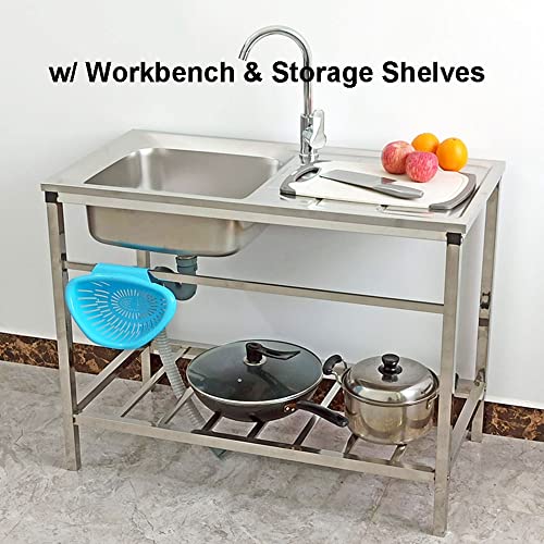 Zhxipp Freestanding Kitchen Sink Commercial Stainless Steel Single Bowl Sink With Storage Shelves Restaurant Sink Utility Utility Washing Hand Basin 29.5 X15.7 X 29.5 In (Silver) #TOP1