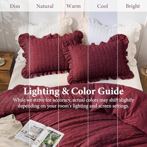 Image of JOLLYVOGUE King Size Comforter Set, 3 Pieces Burgundy Seersucker Comforters King Size, Lightweight & Fluffy Bedding Sets King for All Season with 1 Ruffle Comforter and 2 Ruffle Pillowshams