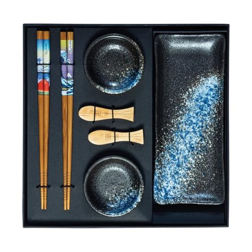 JADE TEMPLE Keramik Sushi Set mit Dippschale und Stäbchen - 1 Set Blau