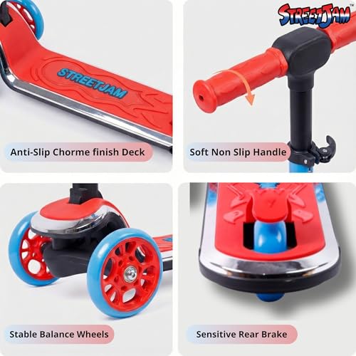 Image of STREETJAM Kurbee Kids Kick Scooter for 3-12 Years, Dazzling Chrome-Finished Deck (1st Time in India), BIS Approved, Extra Wide Deck, Two-Tone Design, Up to 50 kg Load (Red with Blue)