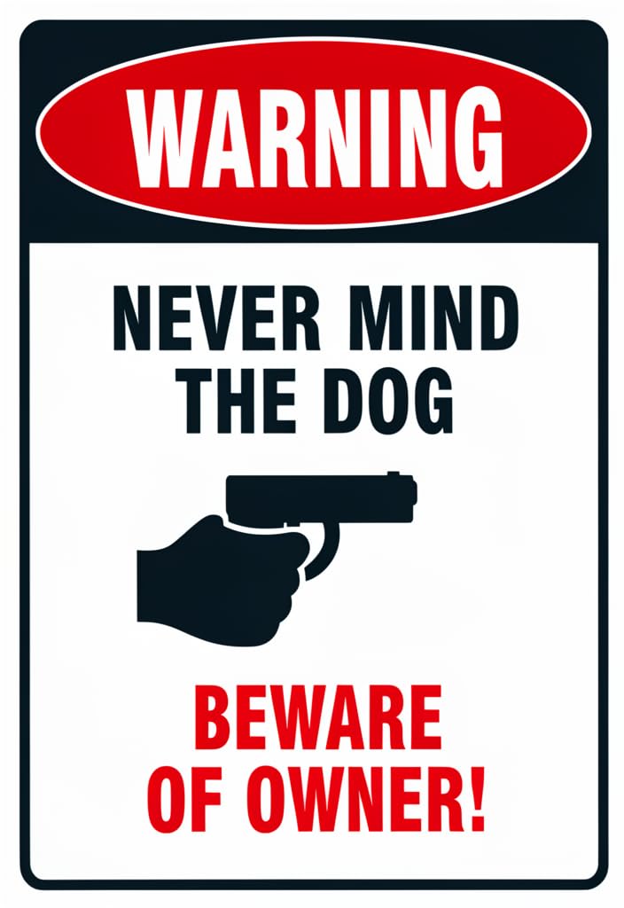 peiyeety Warning Never Mind the Dog Beware of Owner Tin Sign 12x8 Inch, Funny Metal Wall Decor Plaque, Vintage Warning Sign for Home Bar Garage Man Cave Front Door Gift