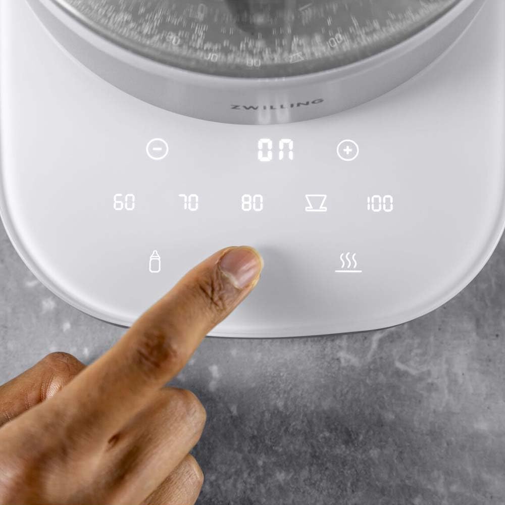 ZWILLING ENFINIGY Hervidor de vidrio con colador de té, Ajuste de temperatura y temporizador de té, 1850 W, 1,7 l, Blanco