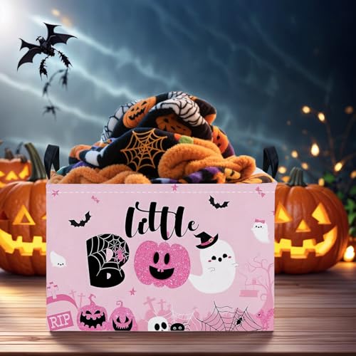 Image of Halloween Basket Gift Cute Pumpkin Ghost Parties Decor Kid Trick or Treat Basket for Boys and Girls Rectangular Storage Bin Box (Pink)