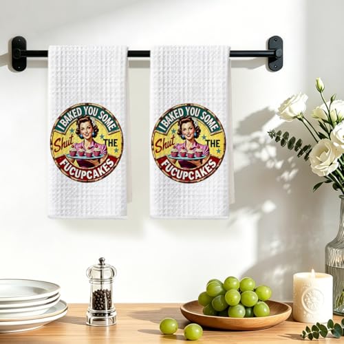 Image of 2 Pcs Funny Kitchen Towels 24x14 Inch, i Baked You Some Cake Reusable Dish Towels for Kitchen Bathroom Decor, Waffle Weave Hand Cloth Tea Towel, Funny Birthday Gifts for Women Friend Girls
