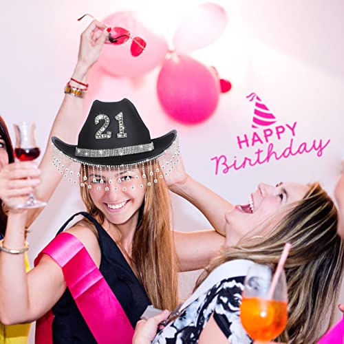 JUSTOTRY 21st Birthday Black Cowboy Hat - 21ST Birth Day Outfit Gifts for Women Cowgirl Hats with Wide Brime for 21st Birthday Decorations4