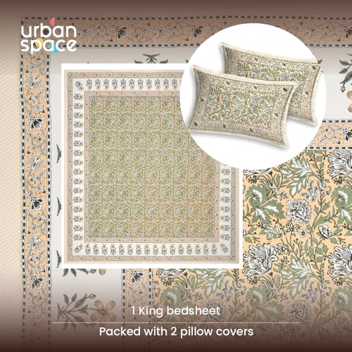 Image of Urban Space 100% Cotton Jaipuri Handblock Printed King Size Bedsheet with 2 Pillow Covers, 200 TC Cotton King Bedsheet (105 x 105 Inches, Rangrez Yellow)