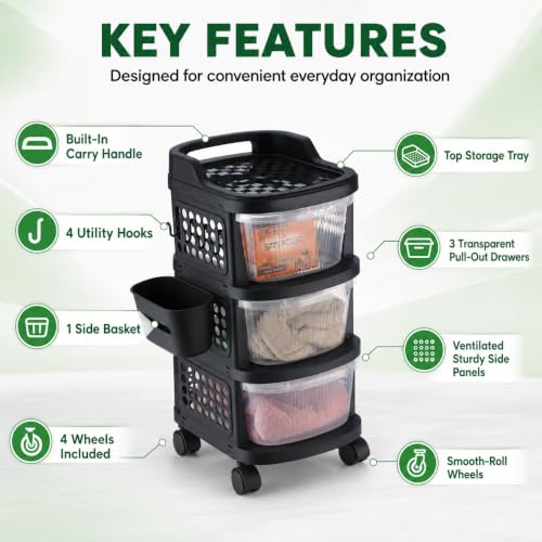 Image of Homeor 3 Tier Plastic Storage Drawer Cabinet with Wheels, Modular Chest of Drawers Organizer with Side Basket & Handle, Storage Trolley Rack for Home, Kitchen, Bedroom, Kids Room (Black Transparent)