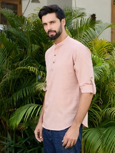 Image of See Designs Men's Roll-Up Sleeve Mandarin Collar Cotton Solid Short Kurta (Pack of 2) - Festive Collection