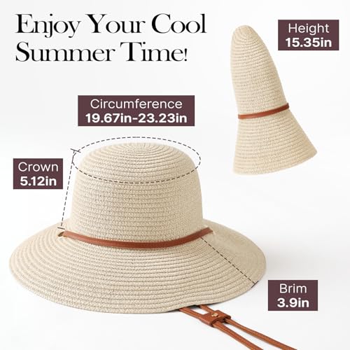 Image of Womens Beach Sun Straw Hat, Wide Brim Sun Hat Travel Foldable Summer Wind Lanyard UPF 50+