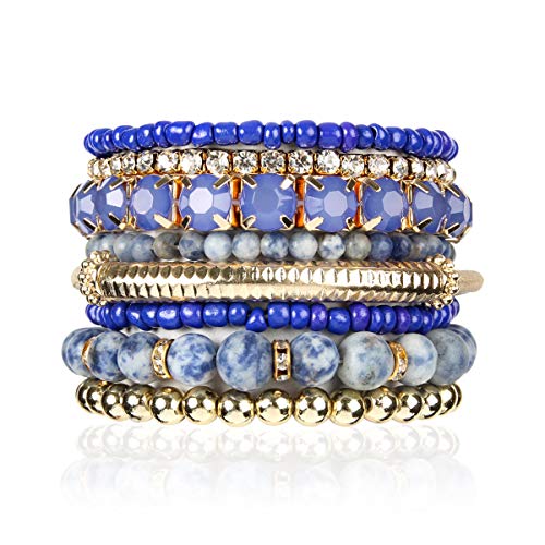 Multi Color Stretch Beaded Stackable Bracelets - Layering Bead Strand Statement Bangles (Natural Stone - Blue Sodalite, 8)