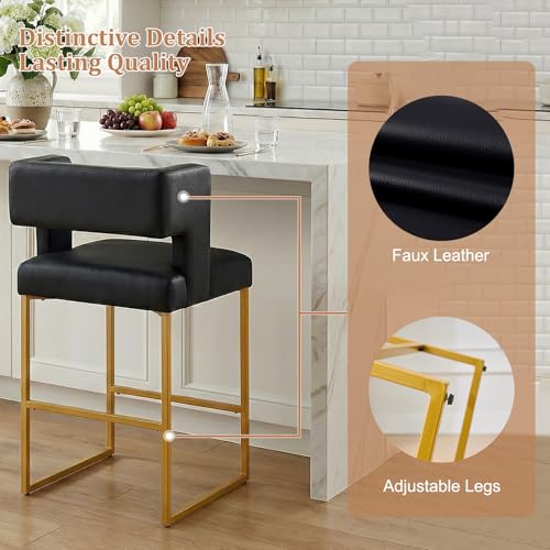 Image of 26 inch H Bar Stools Set of 4 with Back, Faux Leather Counter Height Stools with Footrest, Square Metal Frame, Modern Upholstered Bar Chairs for Kitchen Island /Dining Room, Black & Gold Legs