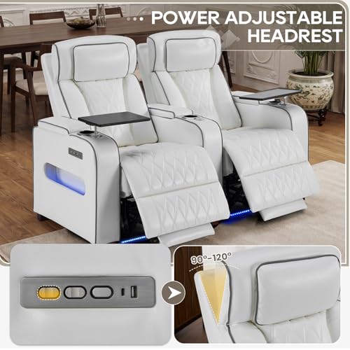 Image of Luxury Home Theater Seating - Power Recliner with Adjustable Headrests, Blue LED Ambient Lighting, Tray Table, USB & Type-C Charging (Pure White,2 Seat)